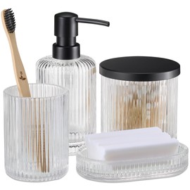Navaris Glass Bathroom Accessories Set (4 Pieces) - Includes Soap Dispenser, Toothbrush Tumbler, Soap Dish, Cotton Pad Holder - Clear Glass with Black Metal