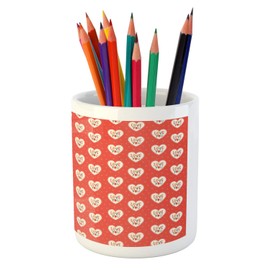 Ambesonne Love Pencil Pen Holder, Hipster Hearts Pattern with Love You Texts Heart Shapes Valentines Day Theme, Printed Ceramic Pencil Pen Holder for Desk Office Accessory, Vermilion Multicolor