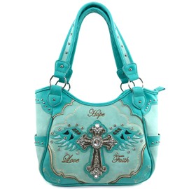 Justin West Women's Concealed Carry Angel Wings Cross Faith Hope Love Western Handbag Tote Purse (Turquoise Purse Only)