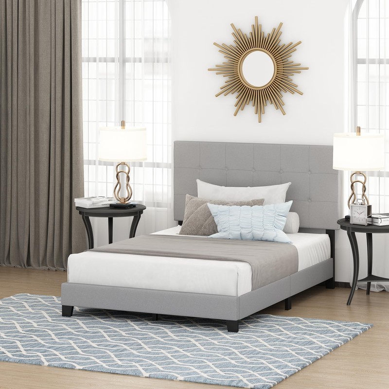 Furinno Laval Button Tufted Upholstered Platform Bed Frame, Full, Glacier