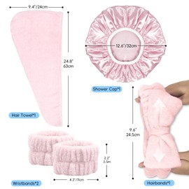 my novel things shower cap and Hair Towel set Includes 1 shower cap reusable waterproof, 1 Hair towel wrap for women & 1 spa headband and 2 wristbands, Soft and Breathable for Long Thick Hair-SkinPink
