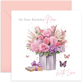 Old English Co. Nan Birthday Card Floral - Bouquet Birthday Card for Her - Pretty Greeting Cards For Women - Butterflies and Flowers - Gifts For Nan | Blank Inside with Envelope