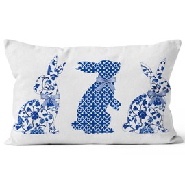 Easter Blue and White Porcelain Color Bunny Throw Pillow Cover for Home Party Decor, 12 x 20 Inch Chinoiserie Blue Flowers Rabbits Decor Holiday Farmhouse Decorative Spring Pillow Case for Sofa Couch