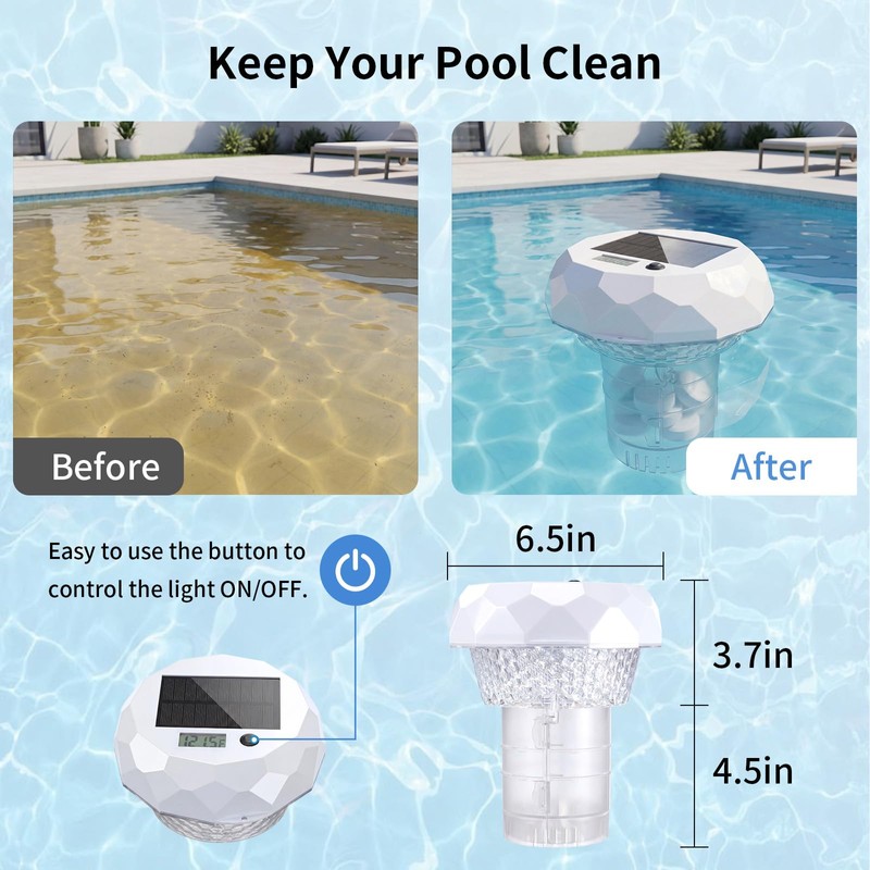 Upgrade 3-in-1 Solar Pool Light Floater, Chlorine Dispenser with Digital
