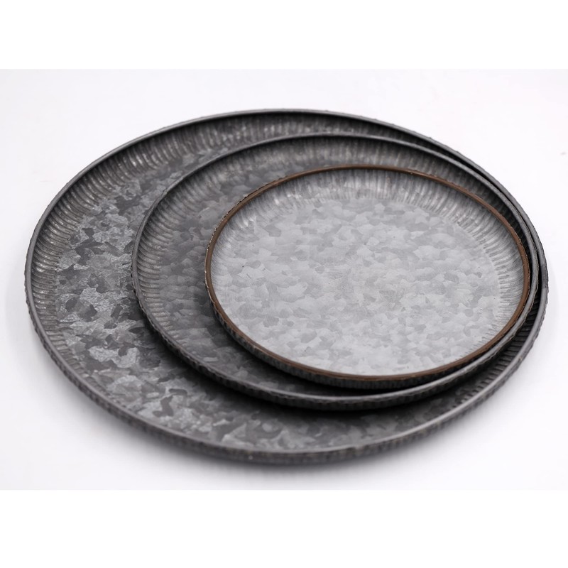 Funerom Round Galvanized Metal Tray Decorative Tray Corrugated Edges (12.6