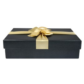 Emartbuy Rigid Gift Box 34cm x 23cm x 8cm Black Box with Lid and Gold Satin Ribbon and 50g Shredded Paper in Black