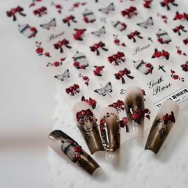 5D Embossed Goth Nail Stickers for Nail Art Rose Bow Nail Art Stickers Self-Adhesive Ribbon Bow Butterfly Flower Designs Nail Supplies Black Red Nail Decals for Women Girls Acrylic Nail Decorations