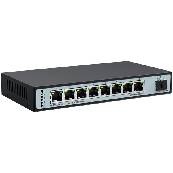 SODOLA 8 Port 2.5G Ethernet Switch with 10G SFP+,60Gbps Switching Capacity,Plug & Play/Wall Mountable/Fanless Metal Multi-Gig Unmanaged Network Switch
