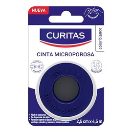 Curitas Cinta Microporosa color Blanca de 2.5 cm x 4.5 cm, Transpirable, de fácil colocación, se desprende sin dolor, ideal para dar soporte y fijación, 1 pieza