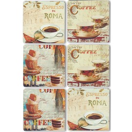 BANBERRY DESIGNS Coffee Coasters - Set of 6 Drink Coasters with Holder - Coffee Decorations - Coffee Inspired Art on Each Coaster - Vintage Coffee - Decorative Coasters