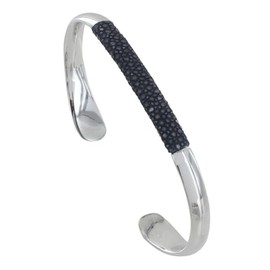 LES POULETTES BIJOUX - Brass Rhodium Plated Mixed Bracelet Half Bulrush and Leather - Blue Navy