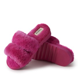 Dearfoams Women's Fireside Benalla All Over Shearling Double Band Easy on/Off Slide Slipper, Paradise Pink, 9
