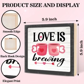 Fbitey Valentines Day Decorations - 5.9x5.10 Inch Wooden Box with Sawtooth Hook, Valentines Day Decor for Home Office Table Wall Hanging-Love Is Brewing A02