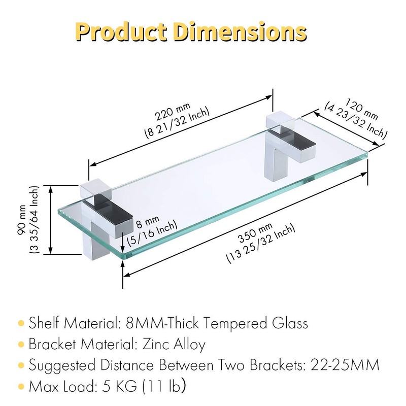 KES Bathroom Tempered Glass Shelf 14" 8MM-Thick Wall Mount Rectangular,