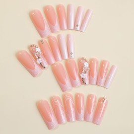 ANDGING Ombre Pink Press on Nails Long Square French Tip Fake Nails with Rhinestone Flower Butterfly Design Glue on Nails for Women Girls Acrylic False Nails with Glue Gel Stick on Nails for Wedding