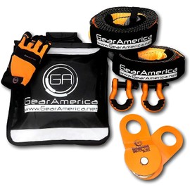GearAmerica Off Road Recovery Kit, 9 Ton, Includes Tow Strap, Tree Saver, Snatch Block Pulley, D-Ring Shackles, Winch Line Dampener Bag, Gloves - Off Road Recovery Gear, 4x4, Orange