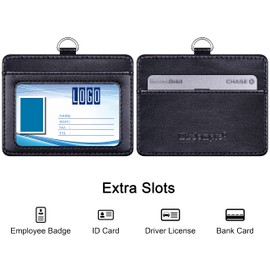 Wisdompro Horizontal ID Card Holder, PU Leather, Double-Sided, Adjustable, Neck Strap Included, Employee ID Card, Name Card, Pass Case, Black