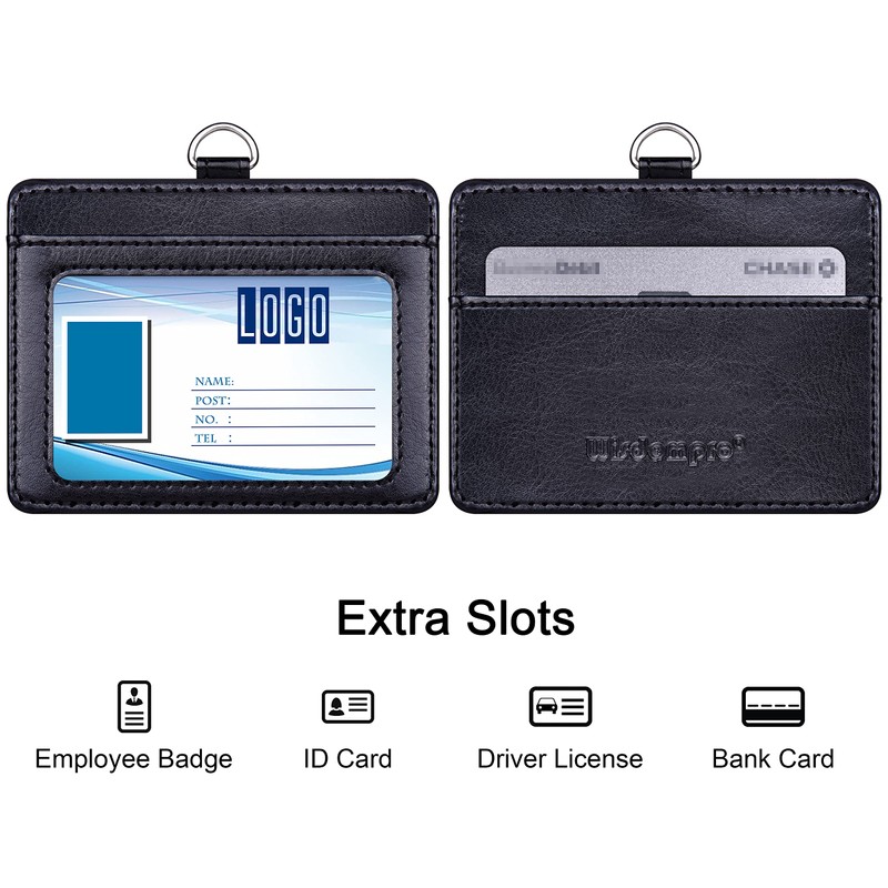 Wisdompro Horizontal ID Card Holder, PU Leather, Double-Sided, Adjustable, Neck