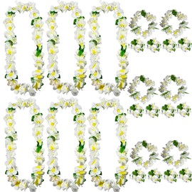 Hawaiian Leis Bulk, 24pcs White Leis for Luau Party Jumbo 6 Flower Headbands 6 Necklace 12 Bracelets Orchid Lei, Hula Dance Floral Lay Graduation Lei Summer Beach Wedding Bridal Party Decorations