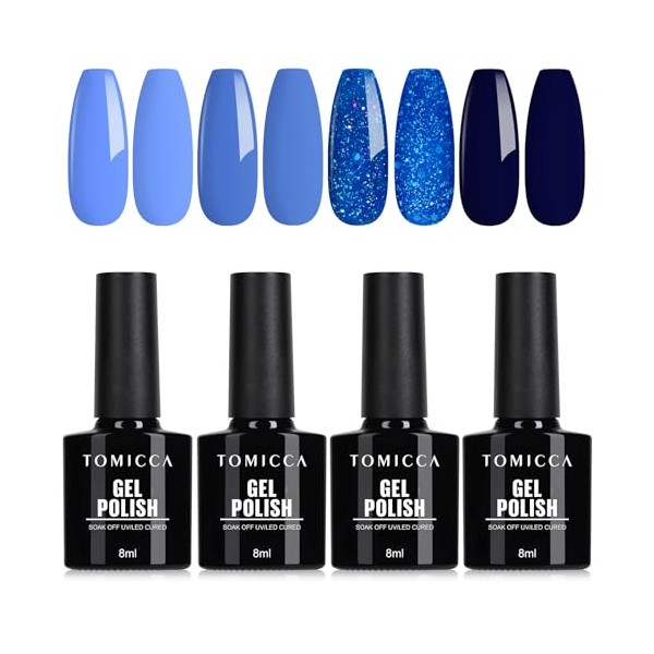 TOMICCA UV Nagellack Bleu Set, 4 Farben Herbstfarben Blue Glitzer