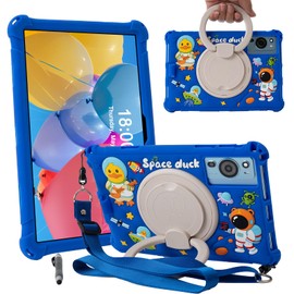 Kwamaz 10.1 inch Android Tablet Case for Onn 10.1, ApoloSign EM101A,WDYQJE A55,TECLAST P30,CZZ C10,Freeski Lville HiGrace Plimpton, Silicone Cover 10'' with Strap 360 Rotating Handle Stand, Blue