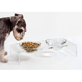 Acrylic Elevated Dog Cat Bowls Pet Feeder Double Bowl Raised Stand Comes with 2 Removable Glass Bowls and 2 Stainless Steel Bowls.Perfect for Cats Puppies Small Dogs