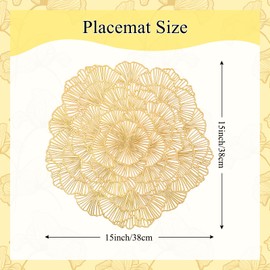 Round Gold Placemats Set of 12 Flower Tablemats Pressed Vinyl Place Mats Table Setting Kitchen Table Mats for Dining Table Holiday Wedding Decorative