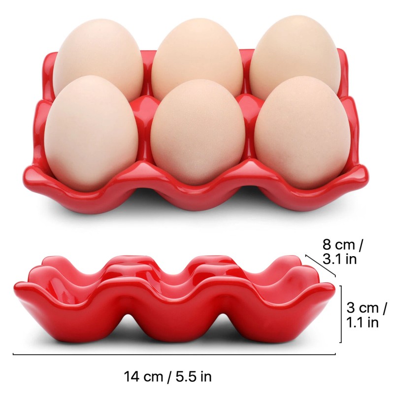 Ceramic Egg Tray 6-Cup Egg Holder Container for Fridge (Red,