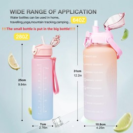 Half Gallon/64oz Daily Sports Water Bottle with Straw & Motivational Time Marker,BPA Free Plastic Water Jug,2 Liter Drinking Bottle for Fitness,Travel,Camp and Outdoor Sports(2Pack, Pink to White)