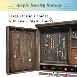MULIFEE Rustic Wall Mounted Jewelry Organizer,Vintage Wooden Hanging Jewelry Holder Box with Barndoor Decor for Necklaces, Earings, Bracelets, Rings, Accessories. Includes Hook Organizer