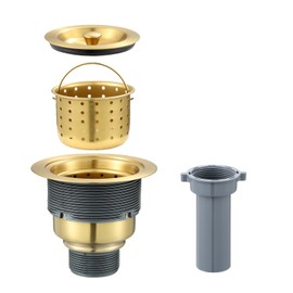 ROVOGO 3-1/2 inch Kitchen Sink Drain Assembly with Removable Deep Strainer Basket, Sealing Stopper Plug and Tailpiece, 304 Stainless Steel Drain with Extended Threads for Thicker Sinks, Gold
