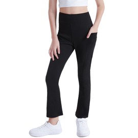 DIPUG Girls Flare Leggings Yoga Pants with Side Pockets Extra Stretch Ideal for Dance Jazz Sports and Everyday Wear（Black 8-9Y