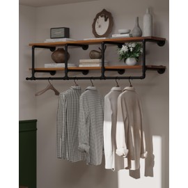 TEDIDUWA Wall Mounted Clothes Rack 12 Inch Deep, 48 Inch Heavy Duty Garment Rack with Real Brown Wood Shelf, Multi-Purpose Hanging Rod & Space-Saving Closet Storage Organizer