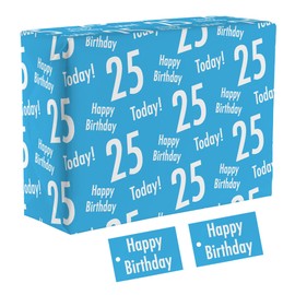 Hunts England - 2 Sheets Of 25th Birthday Blue Fun Wrapping Paper For Men - Includes 2 Gift Tags - Age 25 Male Folded Gift Wrap - Urban Colour Collection - Age Twenty Five Gift Wrap For Him