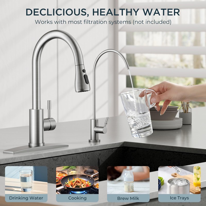 FORIOUS Kitchen Faucet and Water Filter Faucet Combo, Brushed Nickel