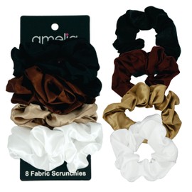 Amelia Beauty Products 8 Pack, Earth Colors Satin Scrunchies, 3.5 Inch Diameter, Gentle on Hair, No Snag, Durable Hold, Black, Tan and Brown – Ideal for All Hair Types