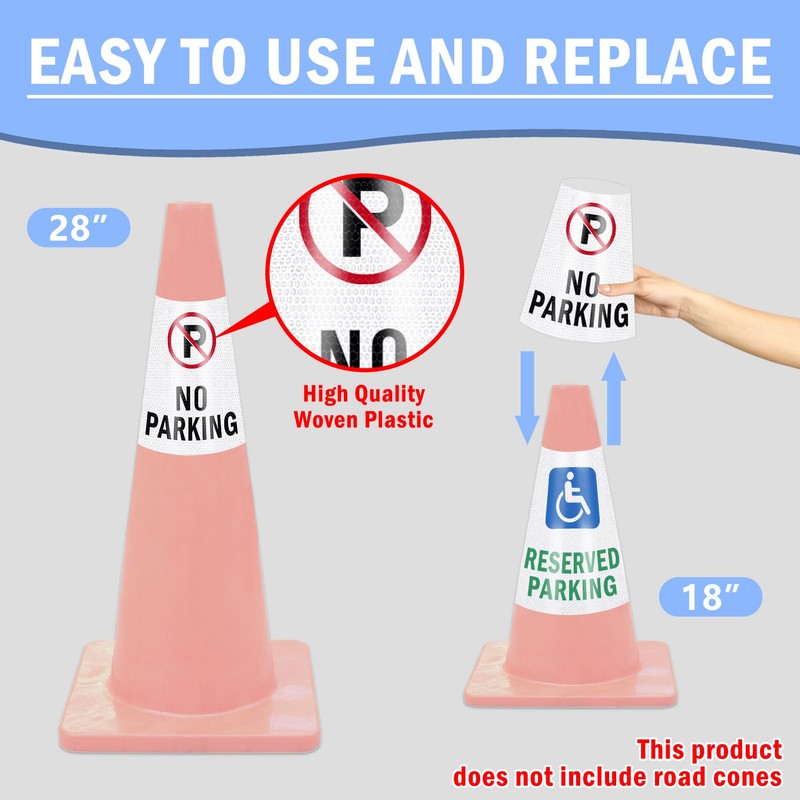 4 Pack “No Parking” Message Collars Cone Sleeve, Bright Reflective
