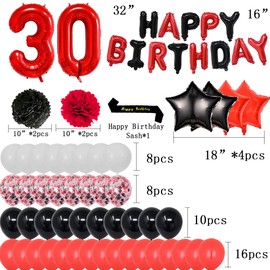yujiaonly 30th Birthday Party Decorations-Happy Birthday Foil Ballons Banner Red Number 30 Happy Birthday Sash Latex Balloons Perfect for 30 Years Old Party Supplies Balloons Number 30 Red