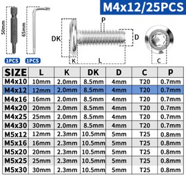 XRXYMQ Pack of 25 M4 Flat Head Screws M4 x 12 mm Screws 304 Stainless Steel Screws Pan Head Screws M4 Torx Screws with Screwdriver Bit Wrench for Assembly Maintenance