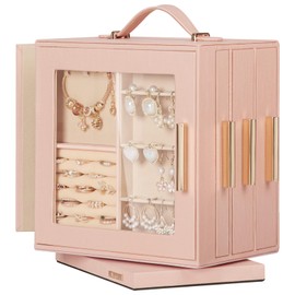Homde Jewelry Box 360° Rotating, Necklace Earring Organizer with Transparent Window, Mirror, 7 Drawers, Large Ring Display Storage Case for Girls Women (Peach Pink)