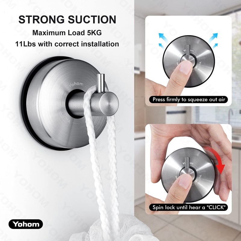 YOHOM Suction Cup Hook, Stainless Steel Towel Holder with Suction