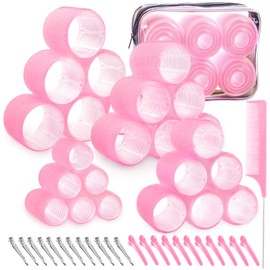 JOISHOP 50pcs Hair Rollers with Clips, Jumbo Large Medium Small Velcro Rollers for Hair Volume Big Hair Curlers Rollers for Long Medium Short Hair DIY Hairdressing (Pink)