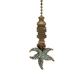Starfish with Aagean Blue Glass Ceiling Fan Pull, 2.25"h with 12" Antiqued Brass Chain