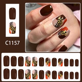 24pcs Brown Press on Nail Short Square Fake Nails Leave Gold Foil designs Stick Glue on Nails Full Cover Acrylic Nail Autumn False Nails Artificial Nail for Women Girls Fall Press ones Manicure Decor