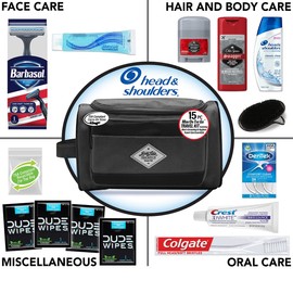 Convenience Kits International Convenience Kits International Men's Premium 15-Piece Kit wth Travel Size TSA Compliant Essentials, Featuring: Head & Shoulders Dandruff Shampoo Classic Clean and Palm Scalp Brush in Black Dopp Bag