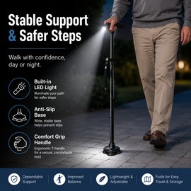 Foldable Walking Cane with LED Light – Adjustable Lightweight Aluminum Support with Anti-Slip Tip for Travel