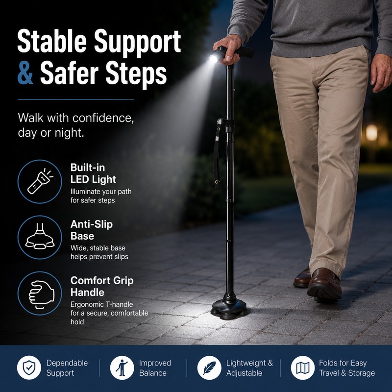 Foldable Walking Cane with LED Light – Adjustable Lightweight Aluminum