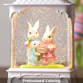 Blansong Easter Snow Globe Bunny Snow Globe Lantern with Timer, USB and Battery Powered Easter Decorations for Home Bunny Family 10.2 inch