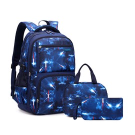 3Pcs Space Print Boys Backpack Set with Lunch Bag, Galaxy Backpacks for Boys Water-resistant School Bags Bookbags, 3 Pieces-Sky-blue