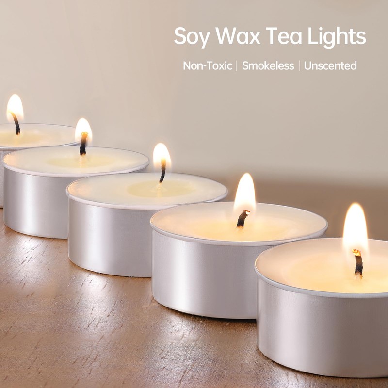 DEVI Soy Tea Lights Candles 50 Pack, Unscented White Tealight